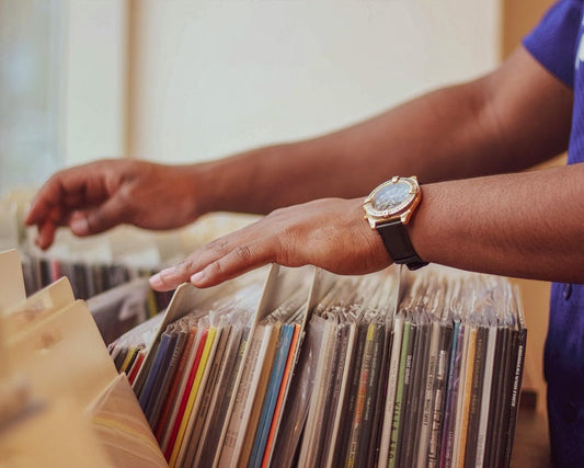 Looking through custom vinyl records to purchase